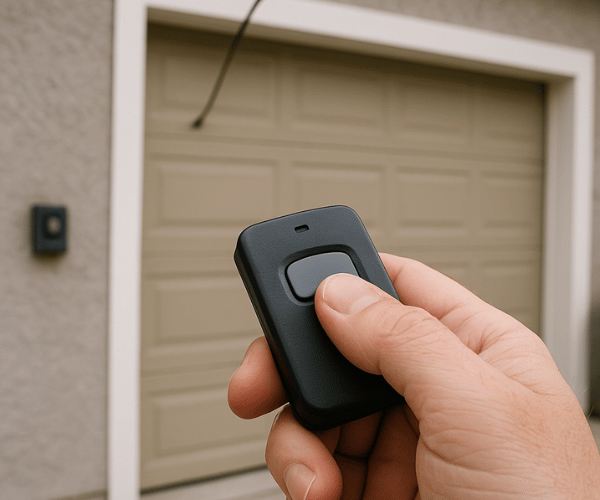 Technician programming garage door remote control for customer in San Francisco Bay Area home