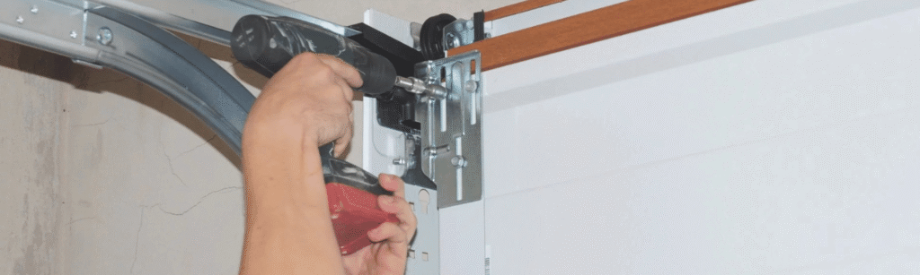 Technician replacing worn garage door roller on residential door in San Francisco Bay Area garage